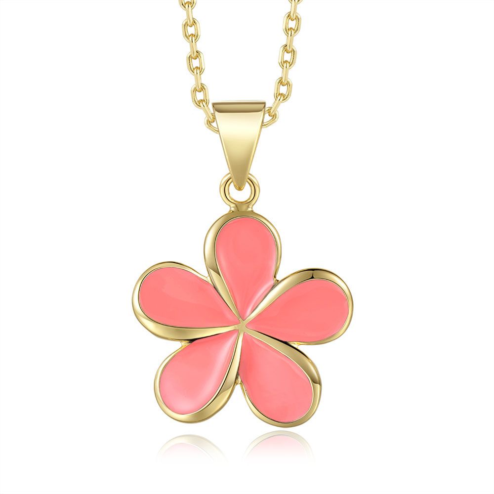 Coral Enamel 23mm Plumeria Flower Necklace in Gold