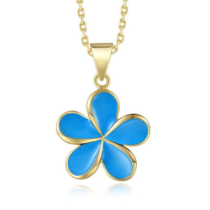 Sea Blue Enamel 23mm Plumeria Flower Necklace in Gold