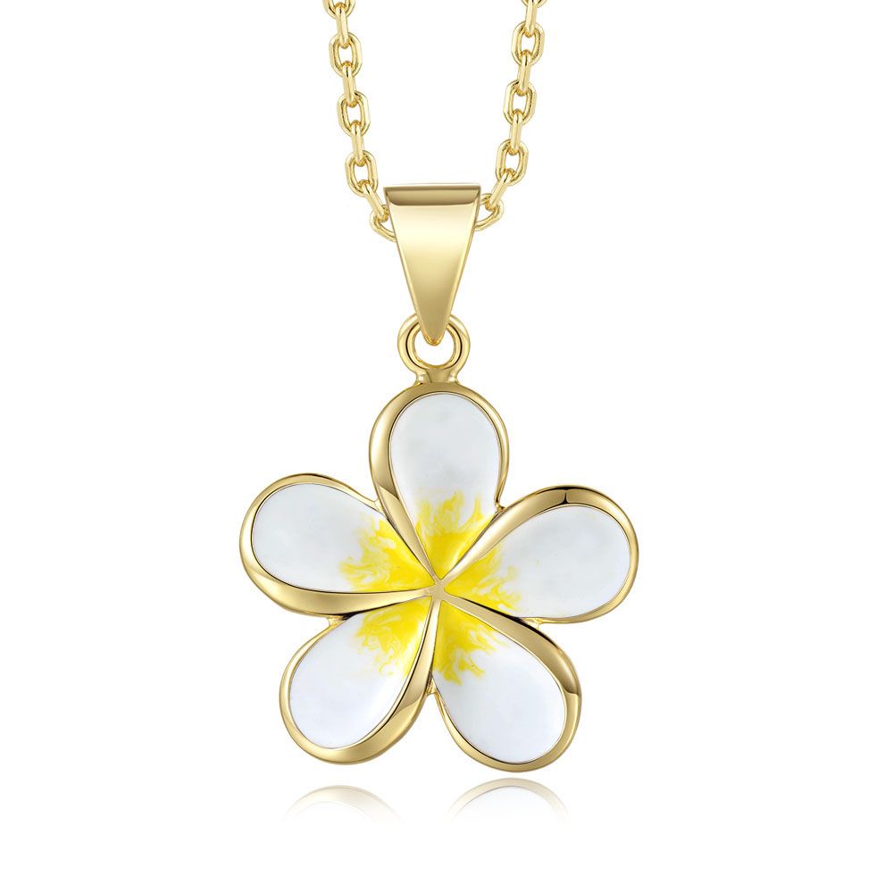 White Enamel 23mm Plumeria Flower Necklace in Gold
