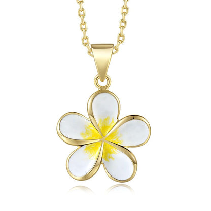White Enamel 23mm Plumeria Flower Necklace in Gold