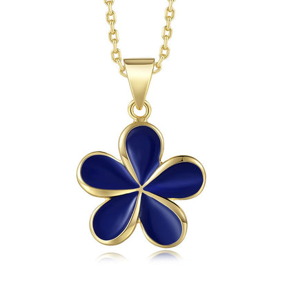 Blue Ginger Enamel 23mm Plumeria Flower Necklace in Gold