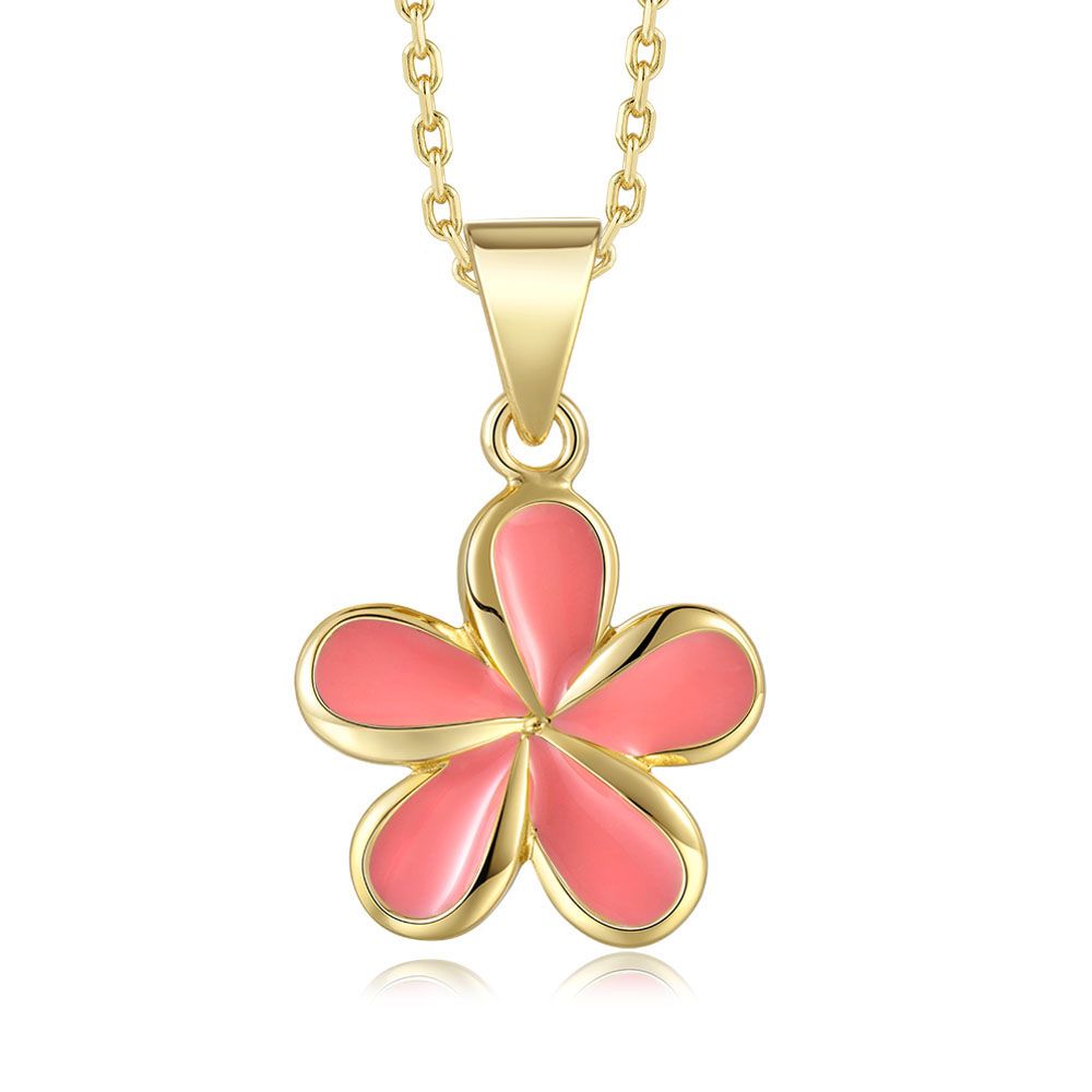 Coral Enamel 18mm Plumeria Flower Necklace in Gold