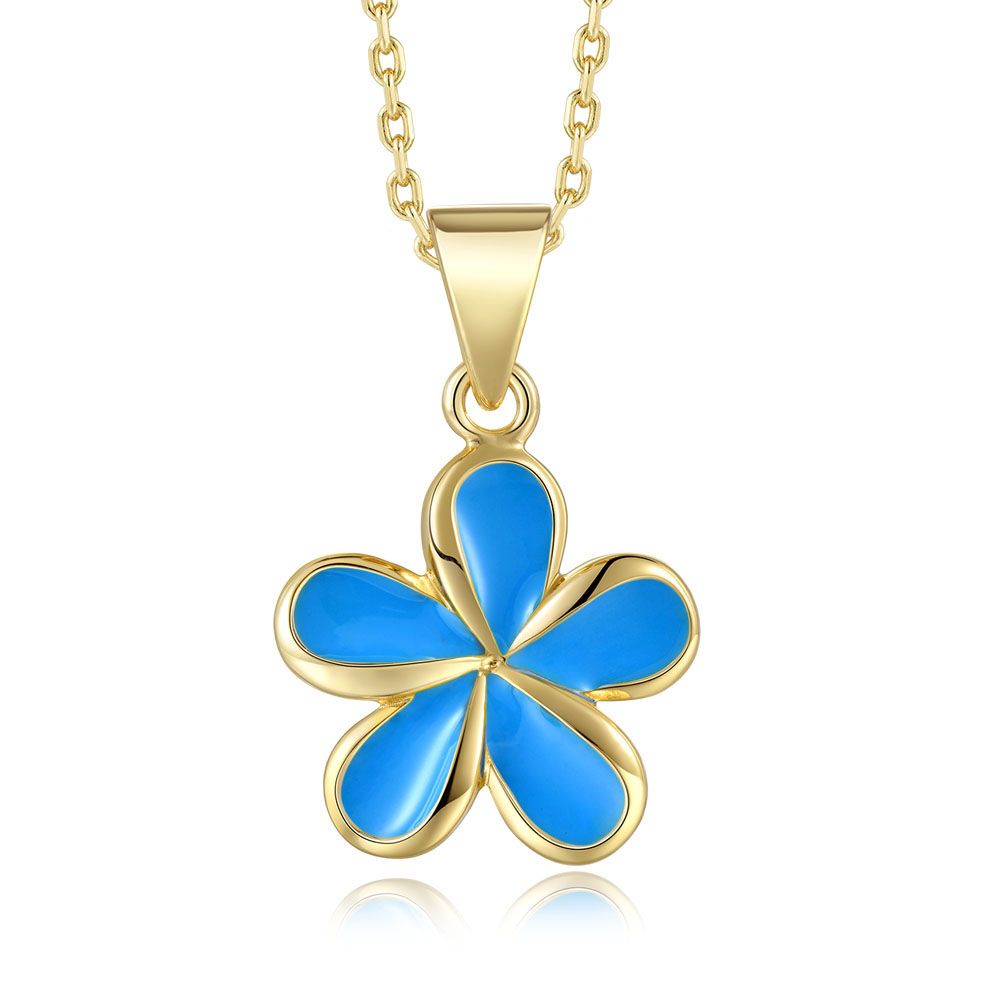 Sea Blue Enamel 18mm Plumeria Flower Necklace in Gold