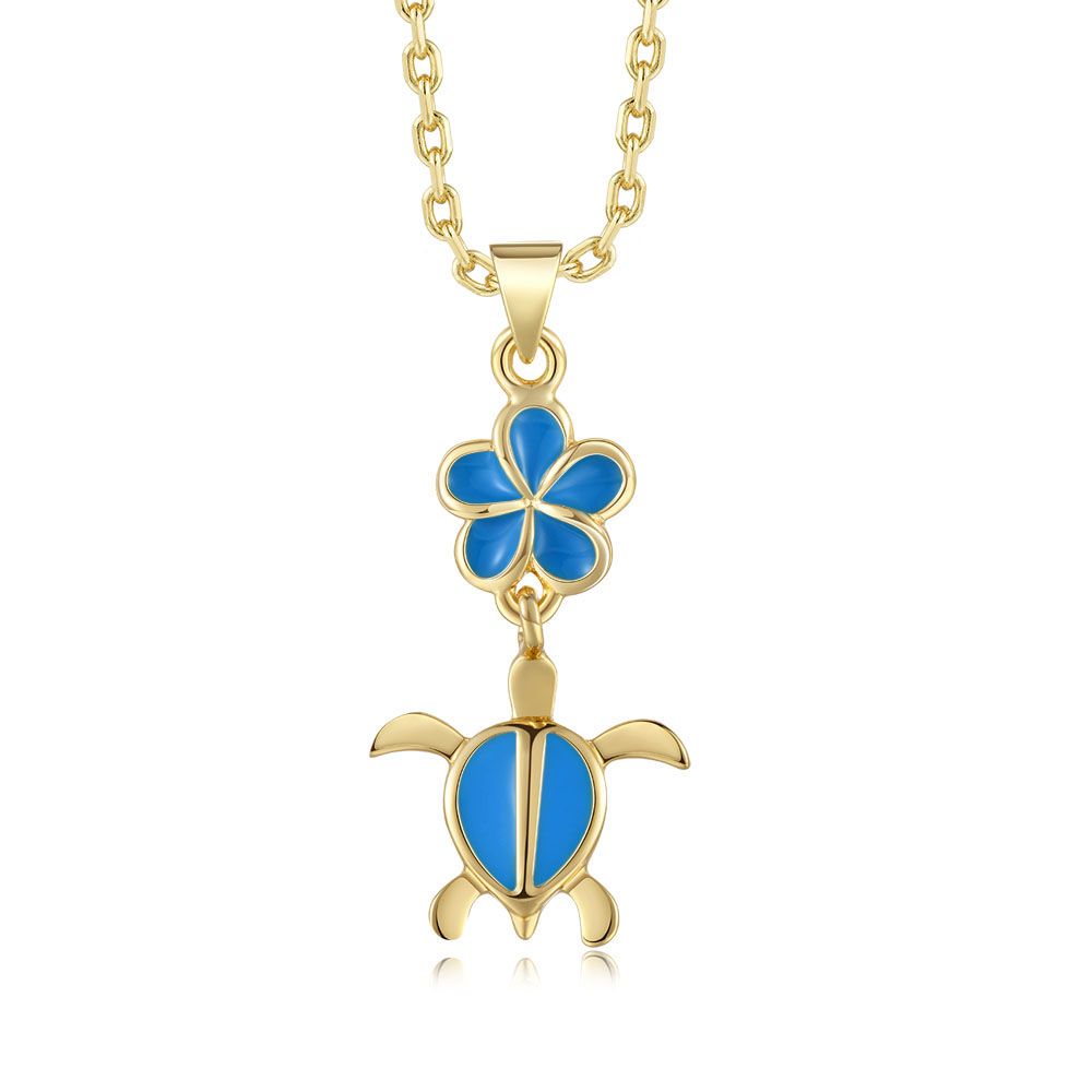 Sea Blue Enamel Plumeria and Sea Turtle Gold Necklace