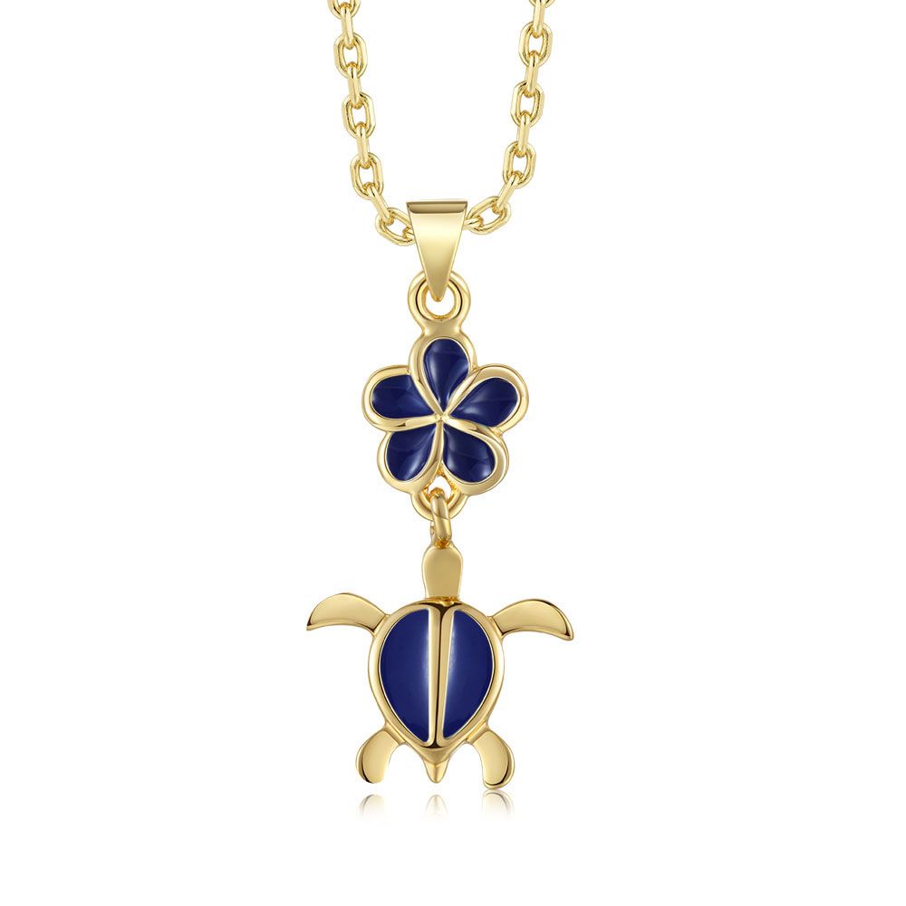 Blue Ginger Enamel Plumeria and Sea Turtle Gold Necklace