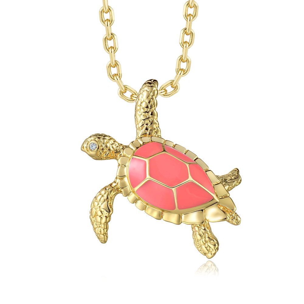Coral Enamel Sea Turtle Gold Necklace