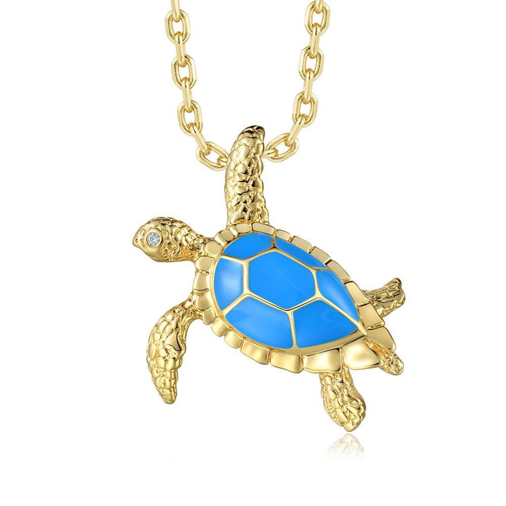Sea Blue Enamel Sea Turtle Gold Necklace