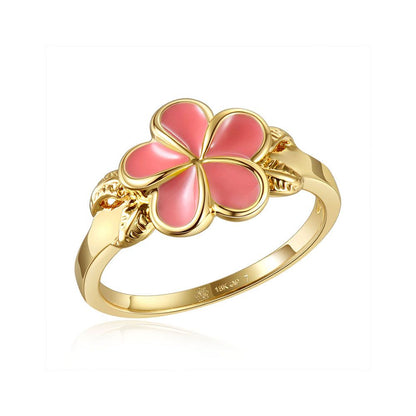 Coral Enamel Plumeria with Leaf Gold Ring