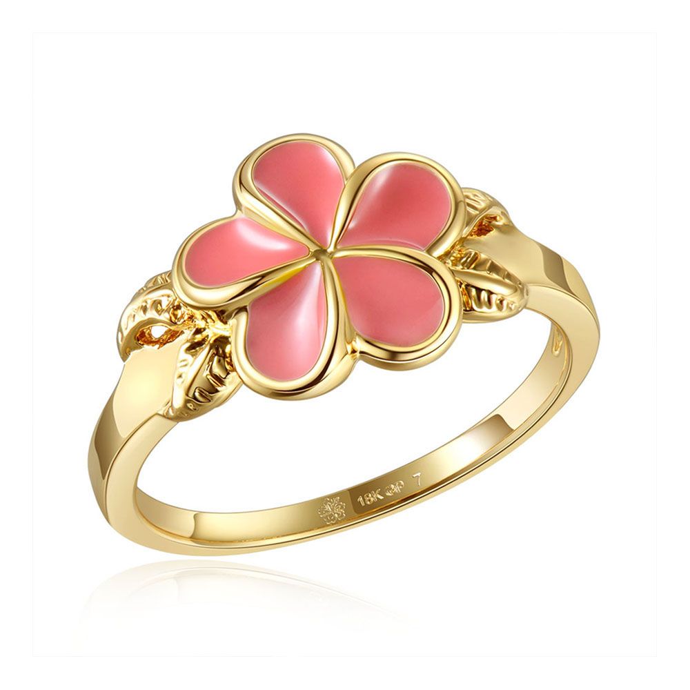 Coral Enamel Plumeria with Leaf Gold Ring