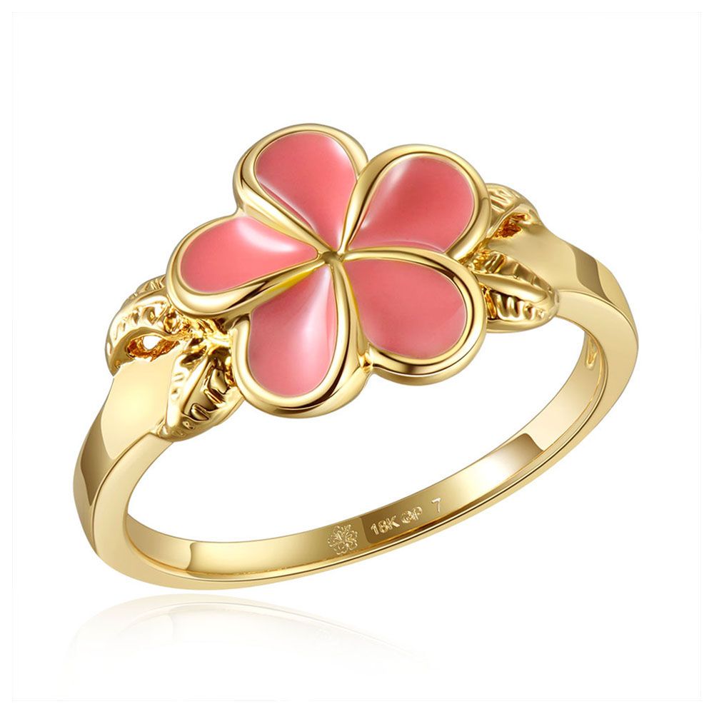 Coral Enamel Plumeria with Leaf Gold Ring