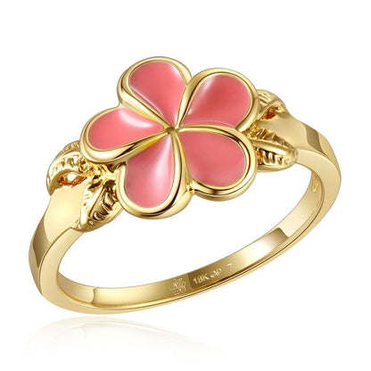Coral Enamel Plumeria with Leaf Gold Ring