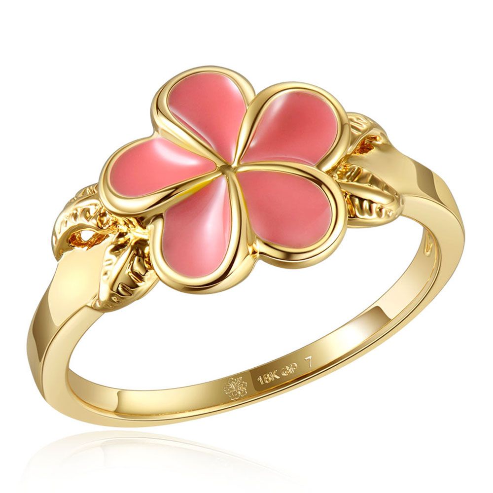 Coral Enamel Plumeria with Leaf Gold Ring