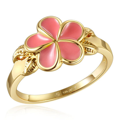 Coral Enamel Plumeria with Leaf Gold Ring