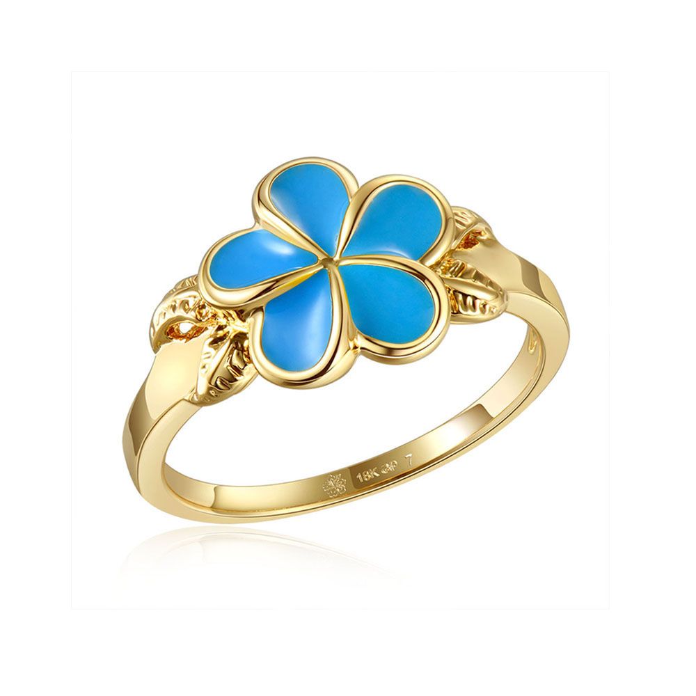 Sea Blue Enamel Plumeria with Leaf Gold Ring