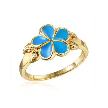 Sea Blue Enamel Plumeria with Leaf Gold Ring