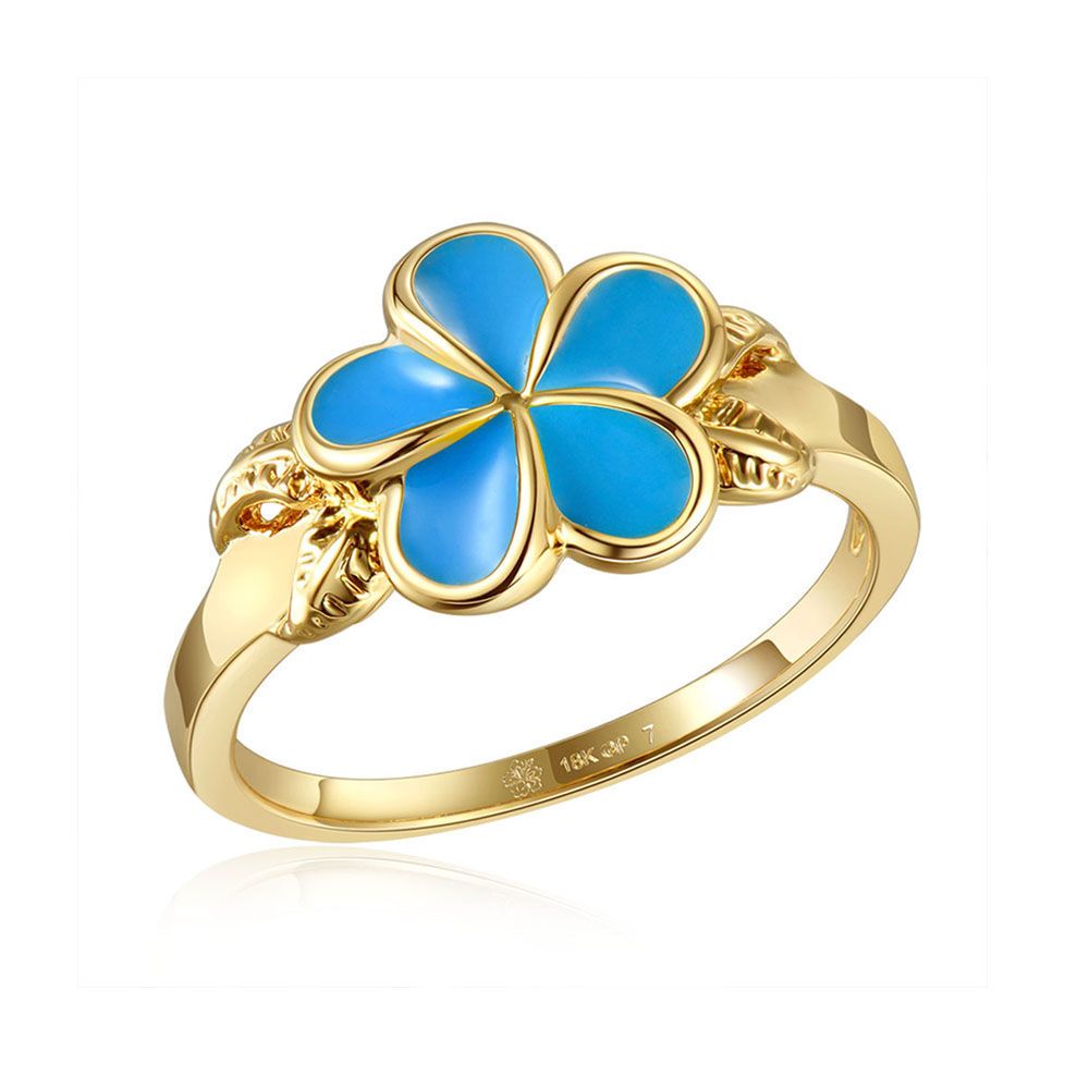 Sea Blue Enamel Plumeria with Leaf Gold Ring