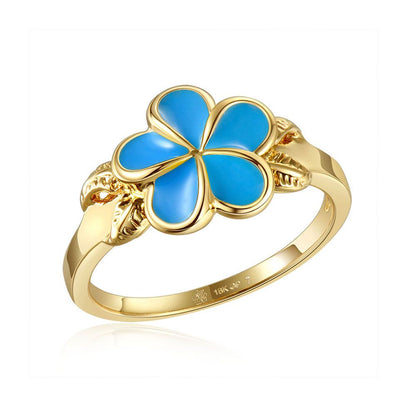 Sea Blue Enamel Plumeria with Leaf Gold Ring