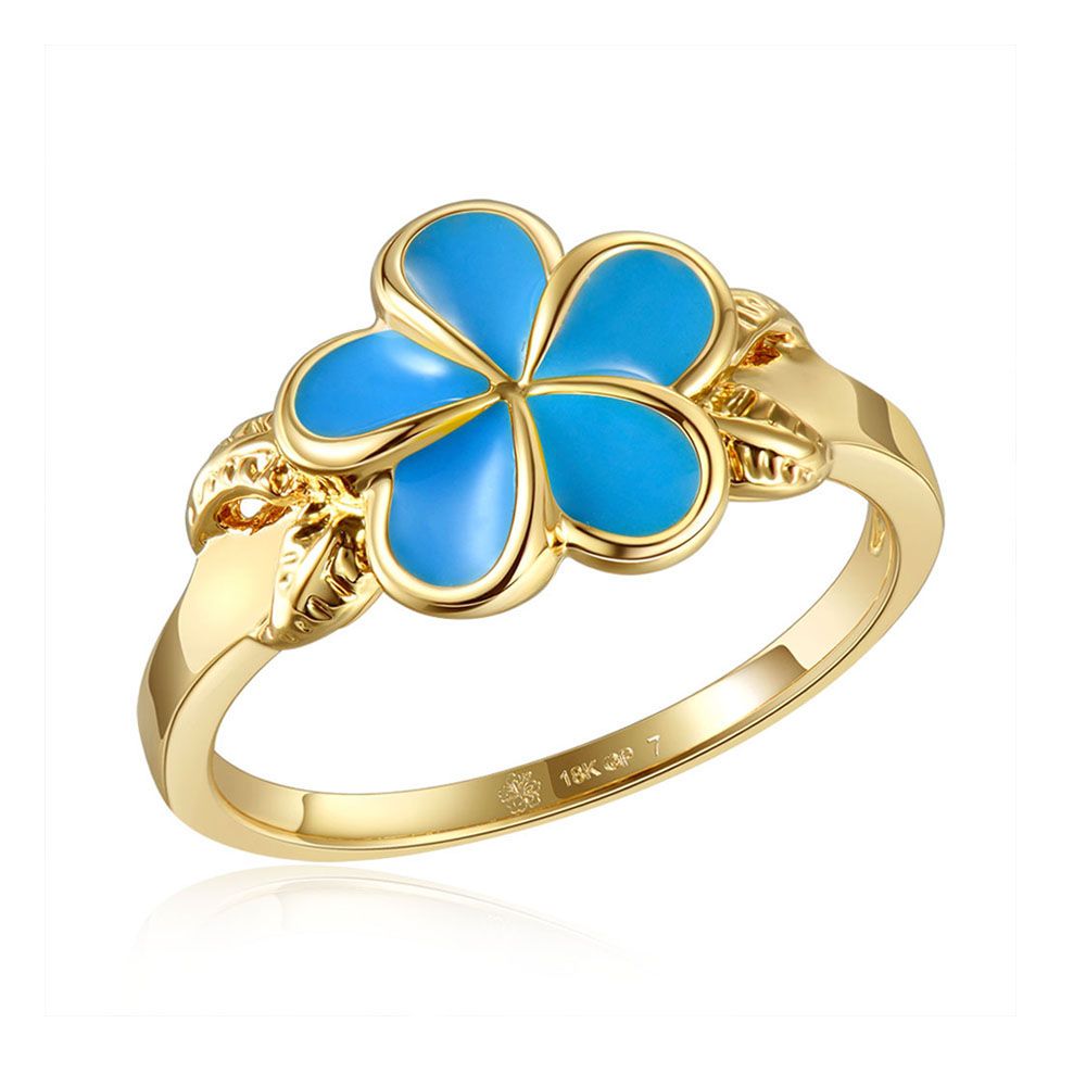 Sea Blue Enamel Plumeria with Leaf Gold Ring