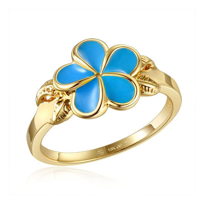 Sea Blue Enamel Plumeria with Leaf Gold Ring