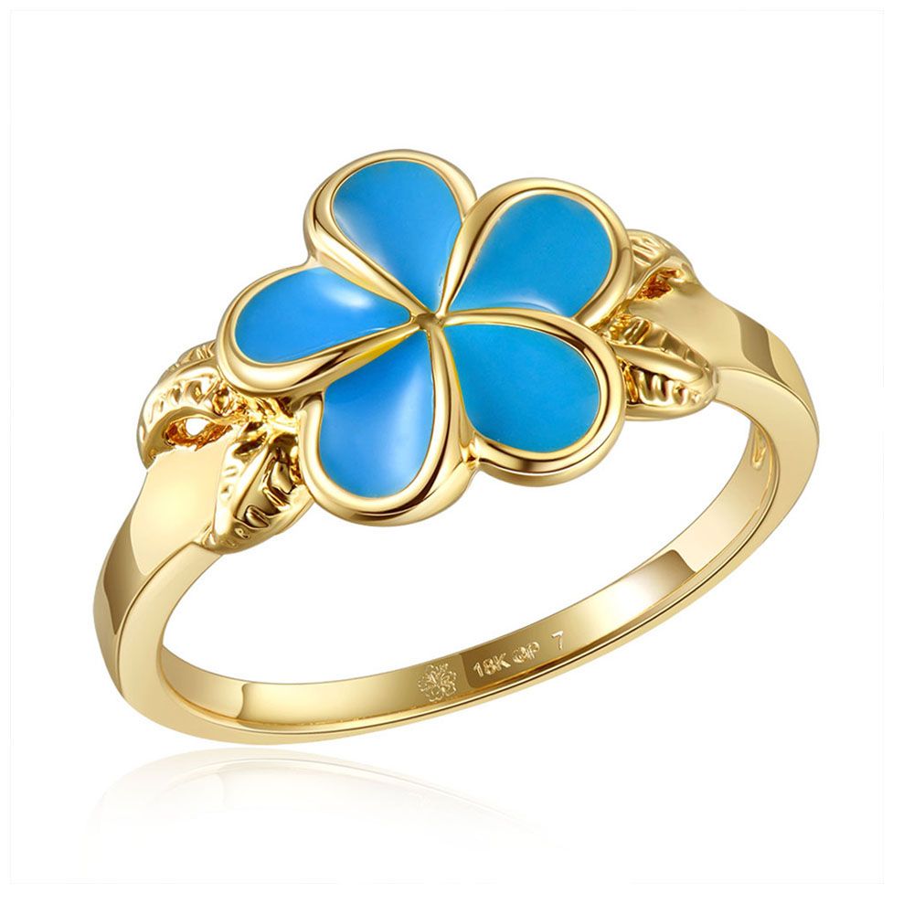 Sea Blue Enamel Plumeria with Leaf Gold Ring