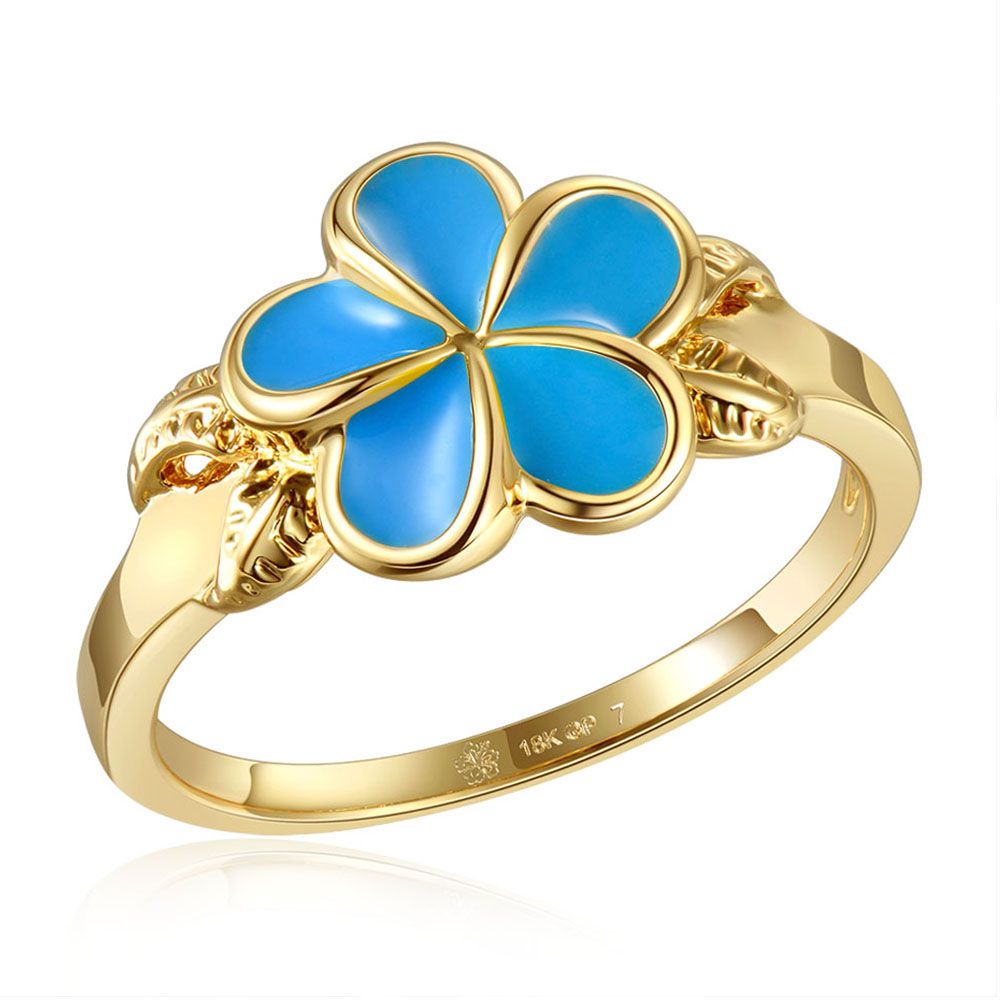 Sea Blue Enamel Plumeria with Leaf Gold Ring
