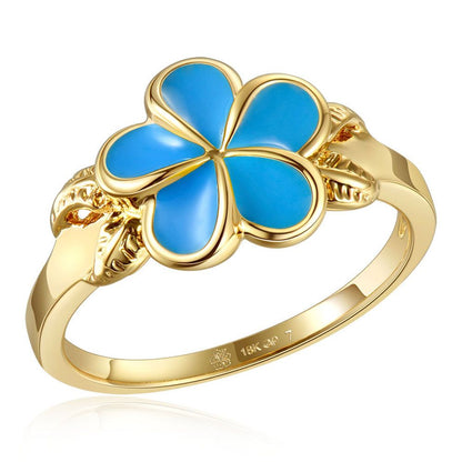 Sea Blue Enamel Plumeria with Leaf Gold Ring
