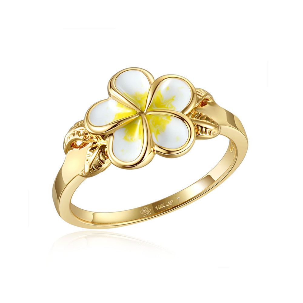 White Enamel Plumeria with Leaf Gold Ring