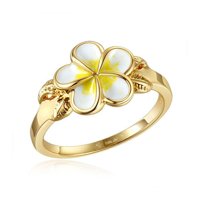 White Enamel Plumeria with Leaf Gold Ring