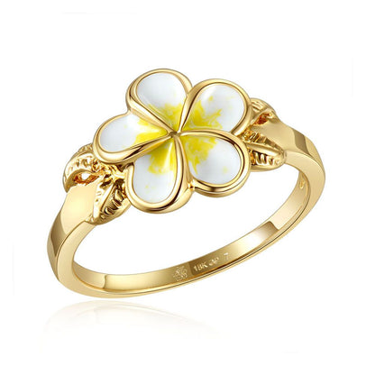 White Enamel Plumeria with Leaf Gold Ring