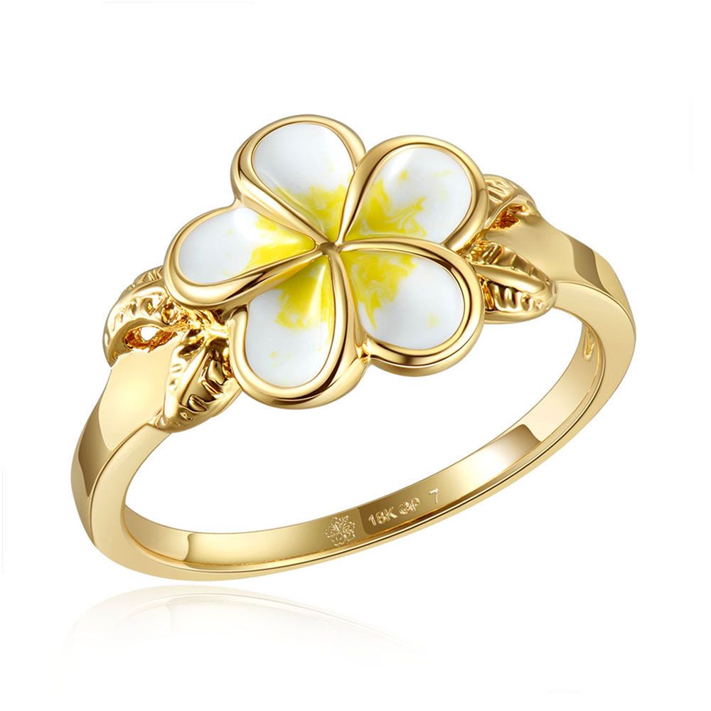White Enamel Plumeria with Leaf Gold Ring