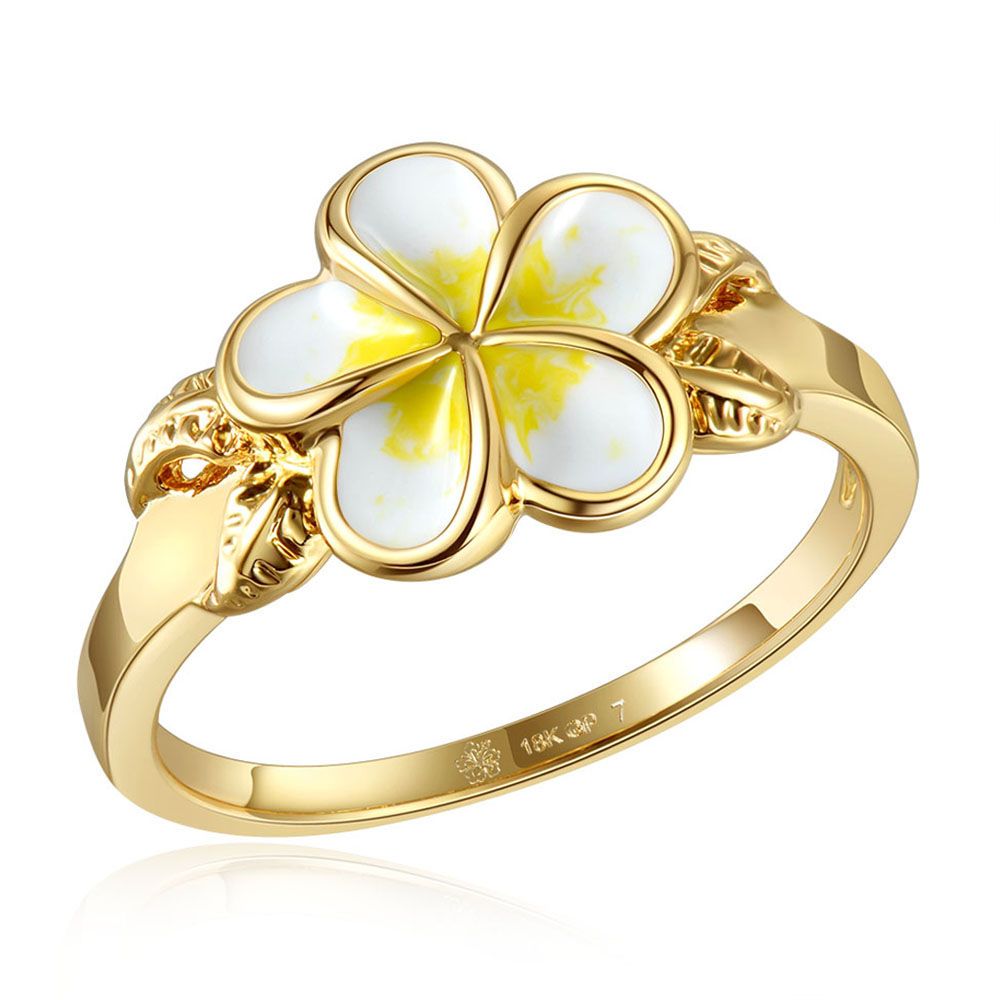White Enamel Plumeria with Leaf Gold Ring
