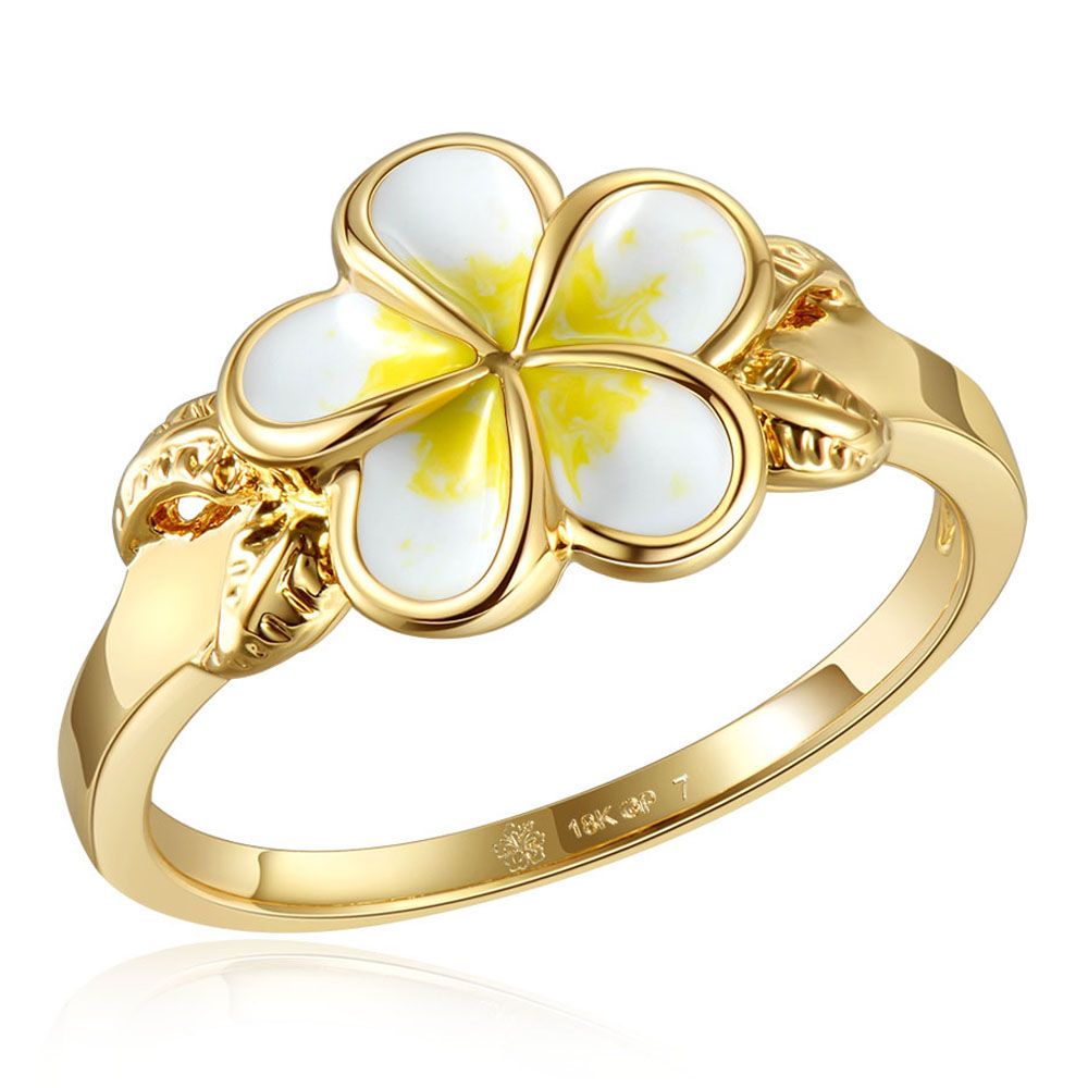 White Enamel Plumeria with Leaf Gold Ring