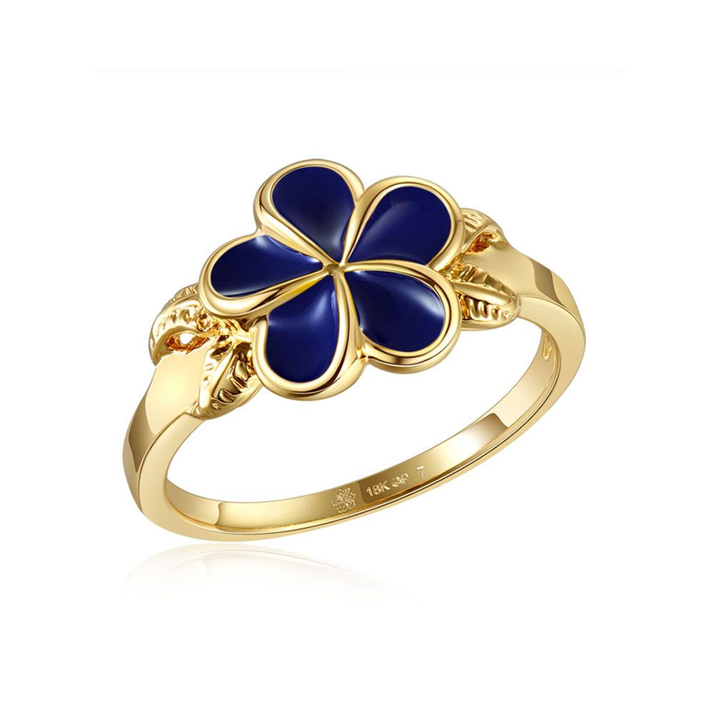 Blue Ginger Enamel Plumeria with Leaf Gold Ring