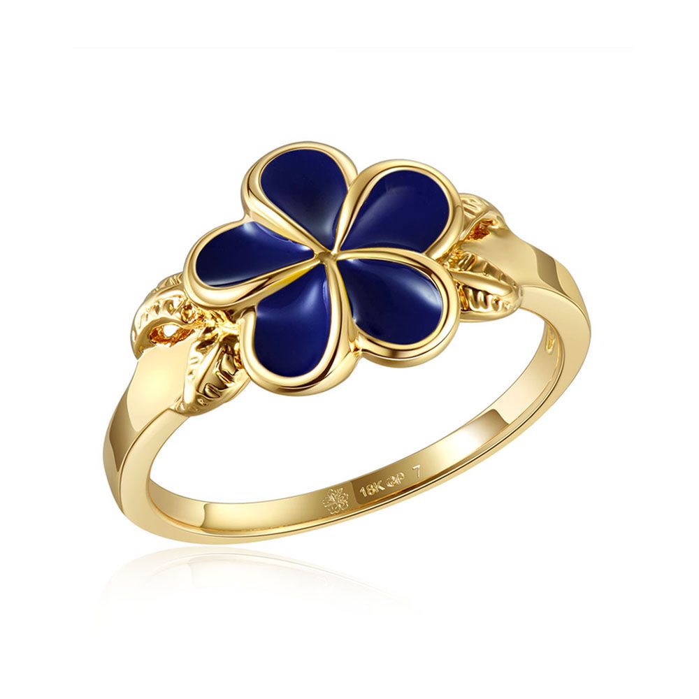 Blue Ginger Enamel Plumeria with Leaf Gold Ring