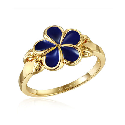 Blue Ginger Enamel Plumeria with Leaf Gold Ring