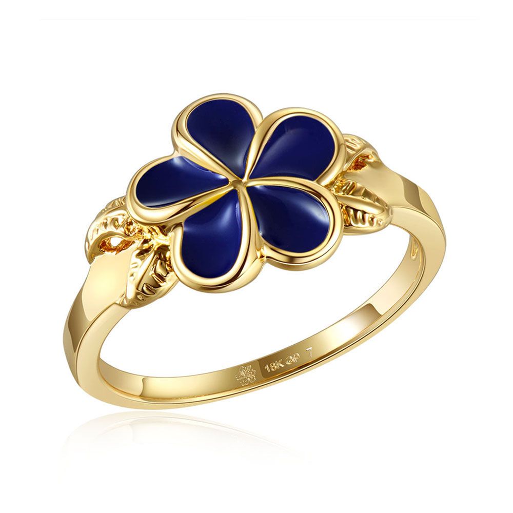 Blue Ginger Enamel Plumeria with Leaf Gold Ring