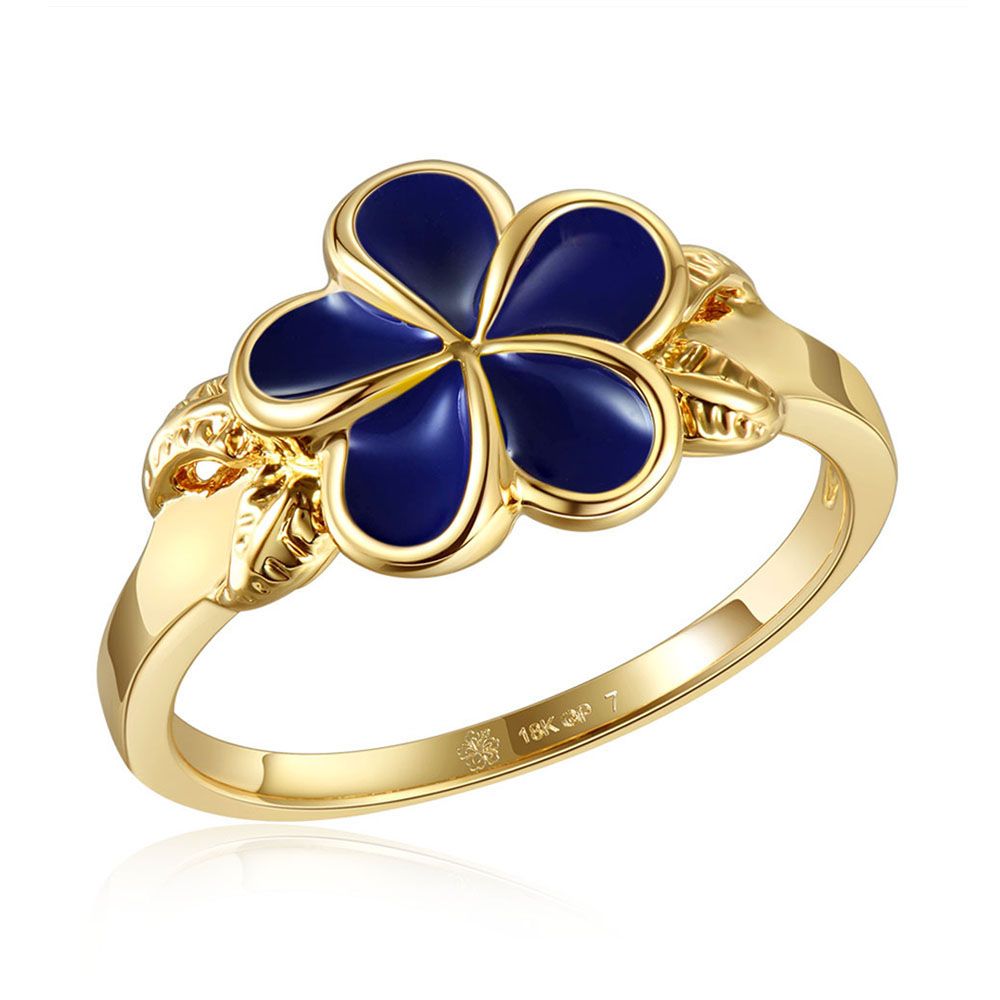 Blue Ginger Enamel Plumeria with Leaf Gold Ring