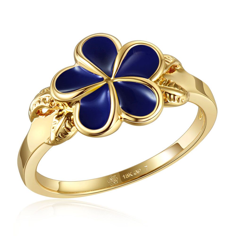 Blue Ginger Enamel Plumeria with Leaf Gold Ring