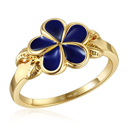 Blue Ginger Enamel Plumeria with Leaf Gold Ring