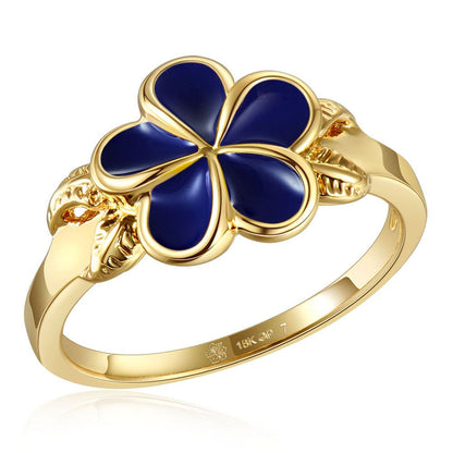 Blue Ginger Enamel Plumeria with Leaf Gold Ring