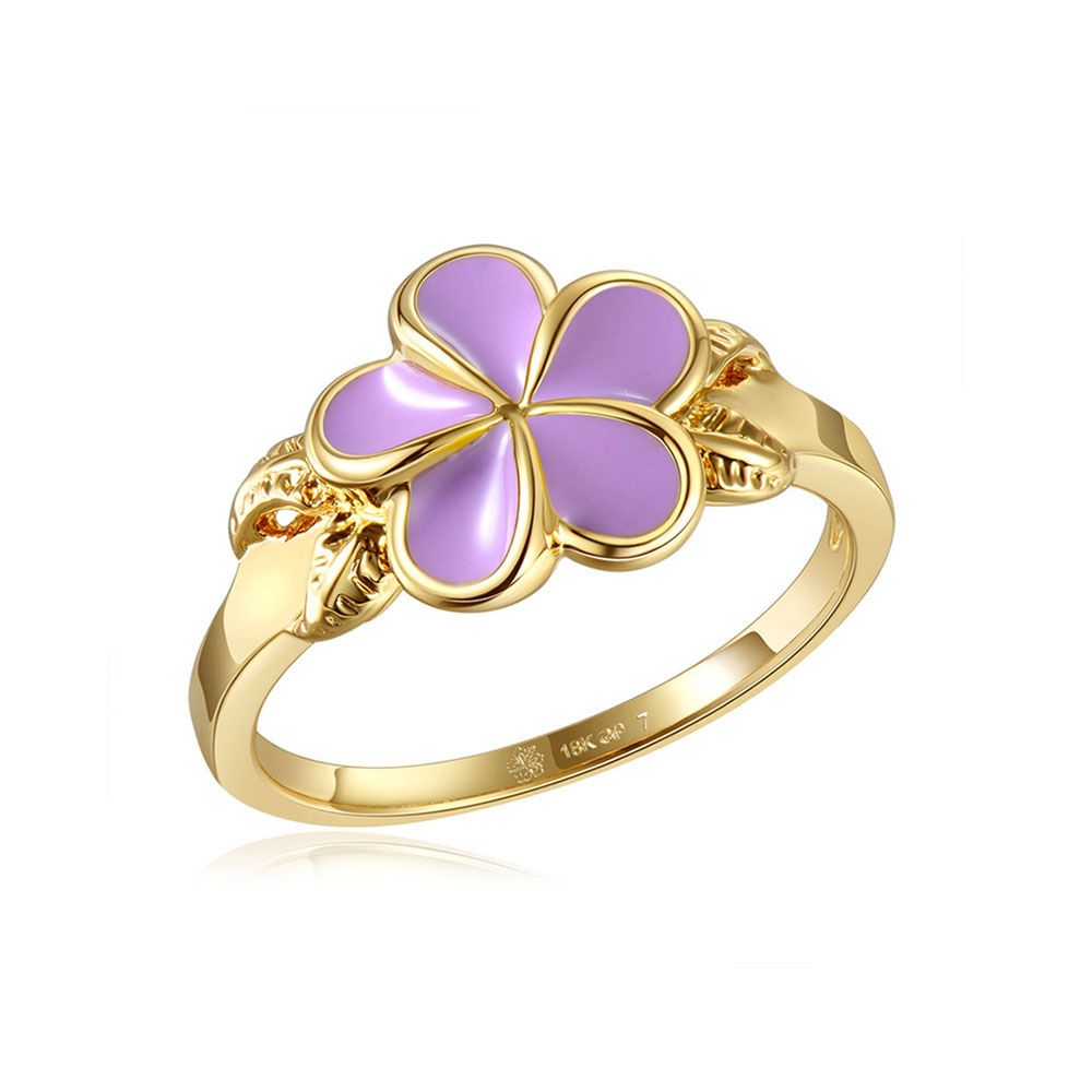 Lavender Blush Enamel Plumeria with Leaf Gold Ring