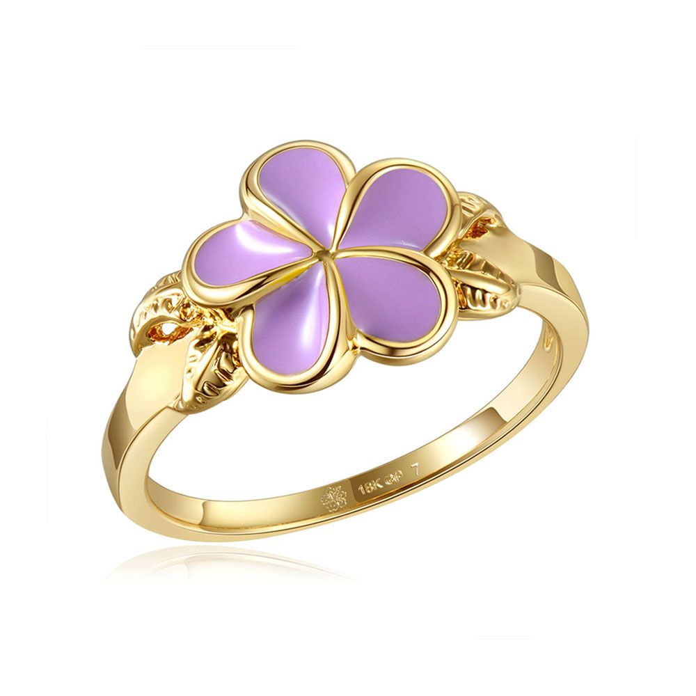 Lavender Blush Enamel Plumeria with Leaf Gold Ring