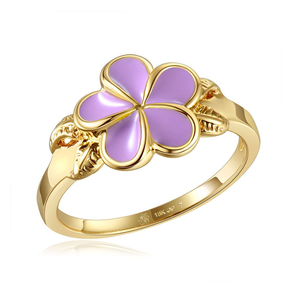 Lavender Blush Enamel Plumeria with Leaf Gold Ring