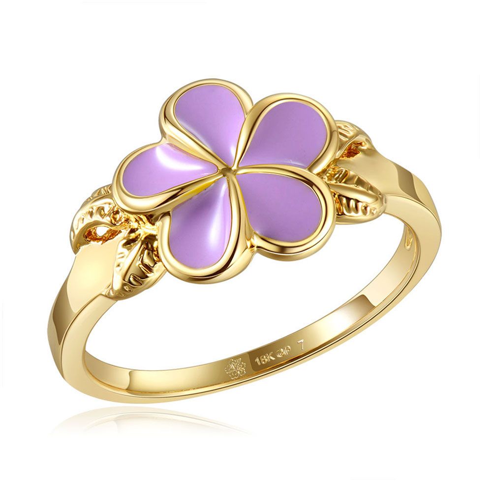 Lavender Blush Enamel Plumeria with Leaf Gold Ring