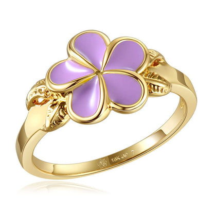 Lavender Blush Enamel Plumeria with Leaf Gold Ring