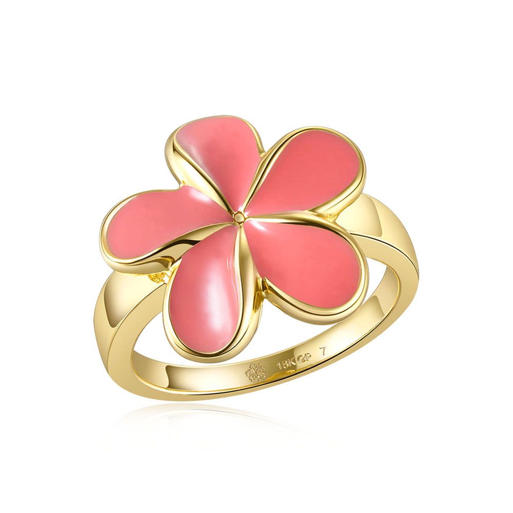Coral Enamel Plumeria Gold Ring