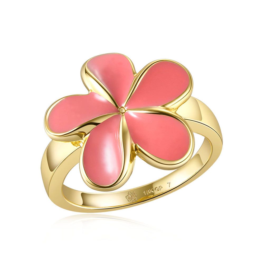 Coral Enamel Plumeria Gold Ring