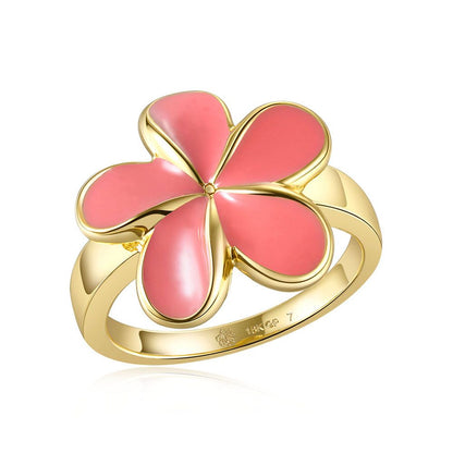 Coral Enamel Plumeria Gold Ring