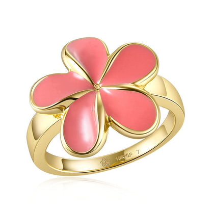 Coral Enamel Plumeria Gold Ring