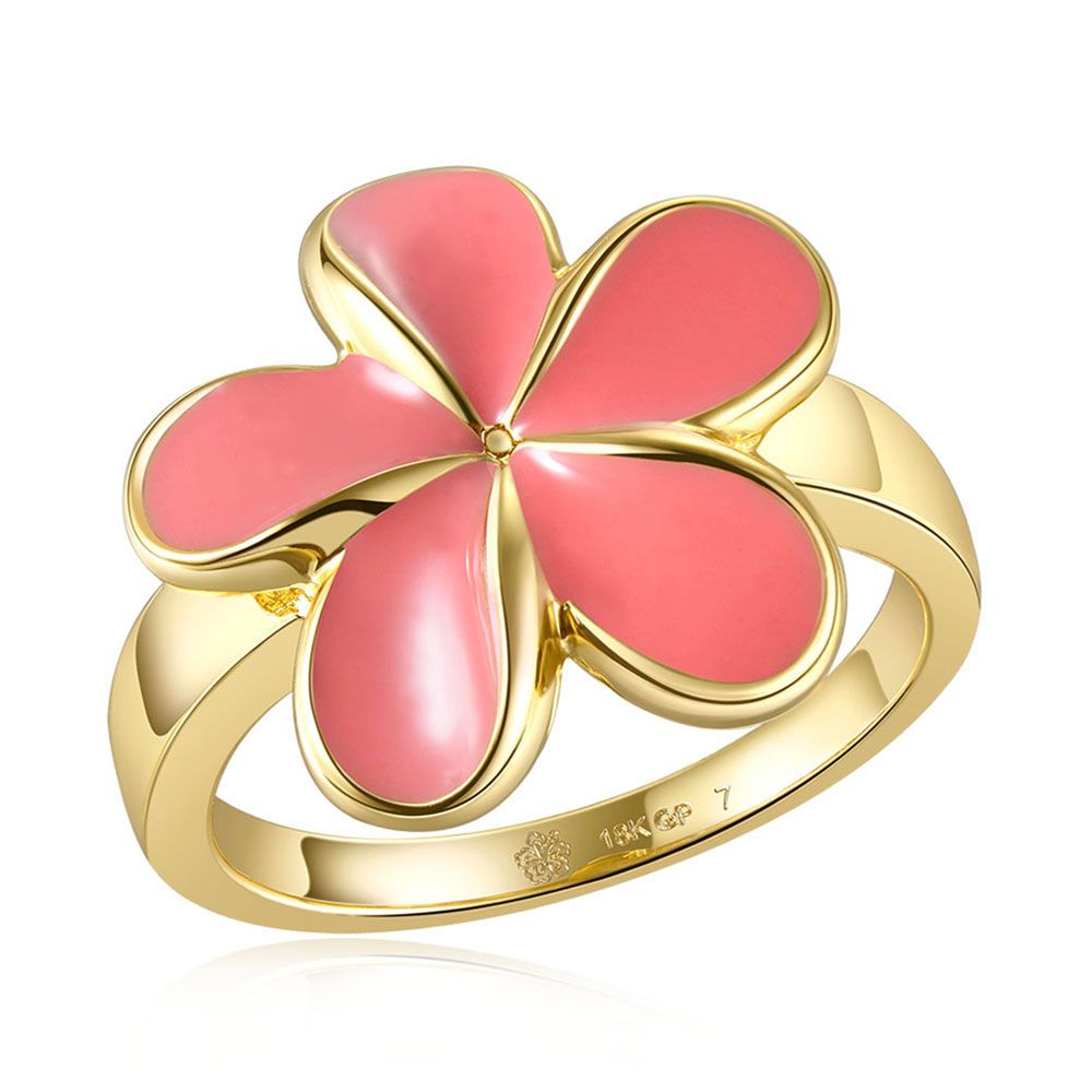 Coral Enamel Plumeria Gold Ring
